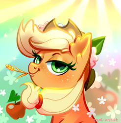 Size: 771x780 | Tagged: safe, artist:rrd-artist, derpibooru import, part of a set, applejack, earth pony, pony, abstract background, apple, bust, female, flower, flower in hair, food, lidded eyes, looking at you, mare, portrait, smiling, solo, straw in mouth