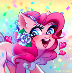Size: 771x780 | Tagged: safe, artist:rrd-artist, derpibooru import, part of a set, pinkie pie, earth pony, pony, abstract background, blushing, confetti, female, flower, flower in hair, heart, mare, open mouth, smiling, solo
