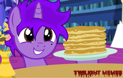 Size: 9781x6248 | Tagged: safe, artist:twilight_memes, derpibooru import, oc, oc:jão, pony, unicorn, brown eyes, food, horn, logo, pancakes, purple hair, solo, twilight's castle, unicorn oc