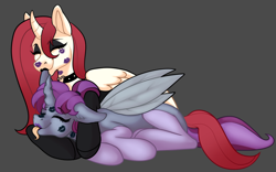 Size: 1196x747 | Tagged: safe, alternate version, artist:meli_meliora, derpibooru import, oc, oc only, oc:rosiesquish, oc:violet nebula, alicorn, changeling, pony, alicorn oc, changeling oc, choker, horn, kiss mark, lipstick, snuggling, tongue out, wings