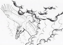 Size: 2000x1452 | Tagged: safe, artist:lady-limule, derpibooru import, oc, oc only, pegasus, pony, cloud, flying, inktober 2017, lineart, monochrome, pegasus oc, solo, traditional art, wings