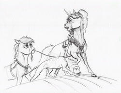 Size: 2000x1540 | Tagged: safe, artist:lady-limule, derpibooru import, oc, oc only, dog, pony, unicorn, female, horn, inktober 2017, leash, lineart, looking back, mare, monochrome, mouth hold, traditional art, unicorn oc