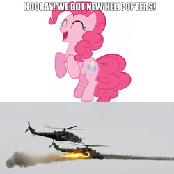 Size: 1080x1080 | Tagged: safe, derpibooru import, pinkie pie, bipedal, caption, eyes closed, helicopter, irl, meme, mi-24, mi-24 hind, missile, photo, simple background, smiling, text, this will end in war, vector, white background