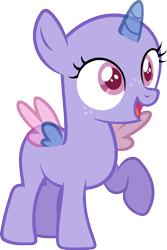 Size: 729x1090 | Tagged: safe, artist:pegasski, derpibooru import, oc, oc only, alicorn, pony, common ground, alicorn oc, bald, base, eyelashes, freckles, horn, open mouth, raised hoof, simple background, smiling, solo, transparent background, two toned wings, wings