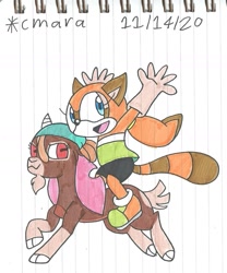 Size: 1069x1286 | Tagged: safe, artist:cmara, derpibooru import, shanty goat, anthro, goat, raccoon, them's fightin' herds, bandana, clothes, crossover, female, gloves, marine the raccoon, open mouth, raised hoof, raised leg, shoes, shorts, simple background, sneakers, sonic the hedgehog (series), tanktop, traditional art, video game crossover, white background
