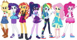 Size: 1901x996 | Tagged: safe, derpibooru import, applejack, fluttershy, pinkie pie, rainbow dash, rarity, sci-twi, sunset shimmer, twilight sparkle, equestria girls, equestria girls series, spoiler:eqg series (season 2), absurd resolution, boots, bowtie, bracelet, clothes, converse, dress, feet, female, freckles, geode of empathy, geode of fauna, geode of shielding, geode of sugar bombs, geode of super speed, geode of super strength, geode of telekinesis, glasses, hat, high heel boots, humane five, humane seven, humane six, jacket, jewelry, looking at you, magical geodes, obligatory pony, official, official art, pants, pantyhose, pose, rarity peplum dress, shirt, shoes, simple background, skirt, sneakers, socks, transparent background