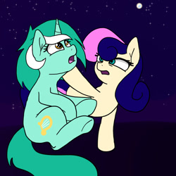 Size: 900x900 | Tagged: safe, artist:slamjam, derpibooru import, bon bon, lyra heartstrings, sweetie drops, earth pony, pony, unicorn, duo, female, females only, looking up, moon, night, open mouth, sitting, stars