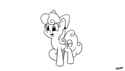 Size: 1200x675 | Tagged: safe, artist:pony-berserker, derpibooru import, oc, oc only, earth pony, bow, earth pony oc, female, mare, monochrome, open mouth, simple background, smiling, solo, unnamed oc, white background