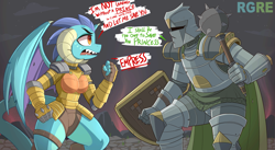 Size: 6321x3464 | Tagged: safe, artist:nignogs, princess ember, oc, oc:anon, dragon, human, argument, armor, cape, clothes, dialogue, helmet, knight, mace, reversed gender roles equestria, reversed gender roles equestria general, shield, speech bubble, weapon