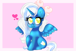 Size: 1024x683 | Tagged: safe, artist:sweethearts11, derpibooru import, oc, oc:fleurbelle, alicorn, adorabelle, alicorn oc, blushing, bow, chibi, cute, female, hair bow, horn, mare, pink background, simple background, wings