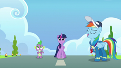 Size: 1920x1080 | Tagged: safe, derpibooru import, screencap, rainbow dash, spike, twilight sparkle, twilight sparkle (alicorn), alicorn, dragon, pegasus, pony, the last problem, clothes, male, uniform, winged spike, wonderbolts uniform