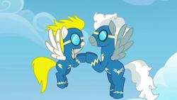 Size: 1920x1080 | Tagged: safe, derpibooru import, screencap, silver lining, silver zoom, surprise, pegasus, the last problem, clothes, uniform, wonderbolts uniform