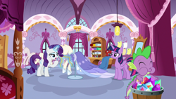 Size: 1920x1080 | Tagged: safe, derpibooru import, screencap, rarity, spike, twilight sparkle, twilight sparkle (alicorn), alicorn, dragon, pony, unicorn, the last problem, carousel boutique, clothes, dress, gem, measuring tape, winged spike