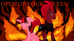 Size: 3840x2160 | Tagged: safe, artist:ejlightning007arts, derpibooru import, tempest shadow, twilight sparkle, twilight sparkle (alicorn), alicorn, unicorn, my little pony: the movie, armor, broken horn, eye scar, eyes closed, fire, horn, open up your eyes, sad, scar, sitting, song reference, wallpaper