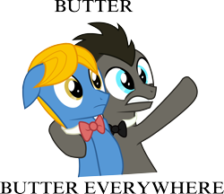 Size: 2630x2270 | Tagged: safe, artist:peora, derpibooru import, doctor whooves, perfect pace, pony, antagonist, ask discorded whooves, ask the master, bowtie, butter, discord whooves, discorded, doctor who, duo, food, male, simple background, stallion, that pony sure does love butter, the doctor, the master, toy story, transparent background, vector, wide eyes, x x everywhere