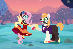 Size: 2160x1440 | Tagged: safe, anonymous artist, derpibooru import, big macintosh, fluttershy, earth pony, pegasus, pony, series:fm holidays, bowtie, calavera catrina, clothes, dancing, dia de los muertos, dress, face paint, female, floating, flower, flower in hair, fluttermac, holiday, hoof hold, lineless, looking at you, male, mare, no pupils, rose, shipping, stallion, straight, sunset, vest