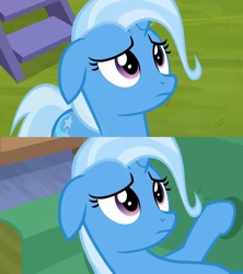 Size: 1280x1440 | Tagged: safe, derpibooru import, edit, edited screencap, screencap, trixie, road to friendship, comparison, cute, diatrixes, floppy ears, sad, sadorable, solo