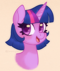 Size: 586x701 | Tagged: safe, artist:frostedpuffs, derpibooru import, twilight sparkle, pony, alternate hairstyle, bust, cute, female, looking at you, mare, open mouth, portrait, simple background, smiling, solo, twiabetes