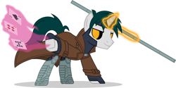 Size: 1280x639 | Tagged: safe, artist:mlp-trailgrazer, derpibooru import, oc, pony, unicorn, card, clothes, cosplay, costume, gambit, magic, male, ponified, simple background, solo, stallion, transparent background, x-men