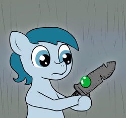 Size: 640x600 | Tagged: safe, artist:ficficponyfic, color edit, derpibooru import, edit, editor:minus, oc, oc only, oc:larimar, earth pony, pony, colored, colt, colt quest, foal, gem, male, solo, surprised, sword, weapon