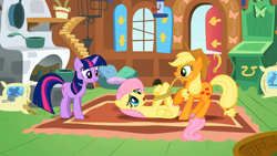 Size: 1920x1080 | Tagged: safe, derpibooru import, screencap, applejack, fluttershy, twilight sparkle, unicorn twilight, earth pony, pegasus, pony, unicorn, the return of harmony, bondage, context is for the weak, hogtied, mouth hold, out of context, rope