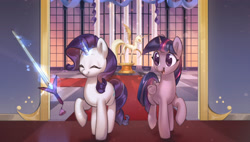 Size: 3289x1874 | Tagged: safe, artist:mirroredsea, derpibooru import, rarity, twilight sparkle, twilight sparkle (alicorn), alicorn, pony, unicorn, duo, sword, weapon