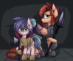 Size: 3092x2576 | Tagged: safe, artist:arume_lux, derpibooru import, oc, oc only, pegasus, pony, unicorn, armor, duo, eye clipping through hair, female, looking at you, mare, weapon