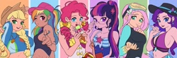 Size: 1500x500 | Tagged: useless source url, safe, artist:卯卯七, derpibooru import, applejack, fluttershy, pinkie pie, rainbow dash, rarity, sci-twi, sunset shimmer, twilight sparkle, better together, equestria girls, forgotten friendship, applerack, breasts, clothes, delicious flat chest, flatlight sparkle, food, goggles, hat, human coloration, humane five, humane six, ice cream, midriff, rainbow flat, raritits, sideboob, sleeveless, swimsuit, wetsuit, whistle