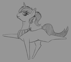 Size: 1100x950 | Tagged: safe, artist:stray prey, derpibooru import, oc, oc only, oc:altus bastion, pony, unicorn, extended trot pose, grayscale, monochrome, neckerchief, ponytail, profile, sketch, solo