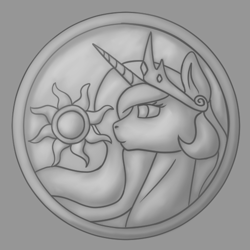 Size: 550x550 | Tagged: safe, artist:stray prey, derpibooru import, princess celestia, alicorn, pony, bits, bust, coin, gray background, grayscale, monochrome, profile, simple background, solo, sun