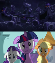 Size: 729x840 | Tagged: safe, derpibooru import, edit, edited screencap, screencap, applejack, rarity, twilight sparkle, unicorn twilight, earth pony, pony, unicorn, a canterlot wedding, clash of hasbro's titans, comparison, decepticon, floppy ears, megatron, reflector, shocked, transformers, transformers netflix