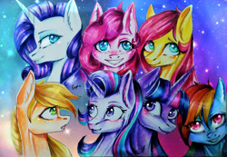 Size: 2944x2035 | Tagged: safe, artist:enjal, derpibooru import, applejack, fluttershy, pinkie pie, rainbow dash, rarity, starlight glimmer, twilight sparkle, earth pony, pegasus, pony, unicorn, female, mane six, smiling