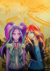 Size: 754x1080 | Tagged: safe, artist:enjal, derpibooru import, aria blaze, sunset shimmer, equestria girls, female, lesbian, shipping, siblings, sisters, sunblaze