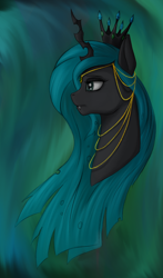 Size: 1150x1950 | Tagged: safe, artist:stray prey, derpibooru import, queen chrysalis, changeling, changeling queen, bust, female, jewelry, necklace, profile, solo