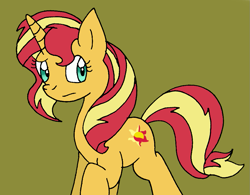 Size: 971x758 | Tagged: safe, artist:cmara, derpibooru import, sunset shimmer, pony, unicorn, female, green background, mare, raised hoof, simple background, solo