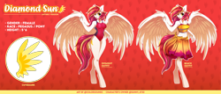 Size: 7572x3226 | Tagged: safe, artist:ask-colorsound, derpibooru import, oc, oc only, oc:diamond sun, anthro, pegasus, unguligrade anthro, abstract background, absurd resolution, belly button, breasts, clothes, female, mare, midriff, one-piece swimsuit, reference sheet, smiling, solo, spread wings, swimsuit, wings