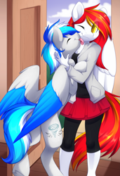 Size: 1869x2737 | Tagged: safe, artist:scarlet-spectrum, derpibooru import, oc, oc:diamond sun, oc:hawker hurricane, anthro, pegasus, pony, anthro with ponies, clothes, eyes closed, female, jacket, licking, male, mare, one eye closed, pony pet, skirt, stallion, tongue out