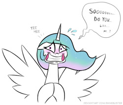 Size: 504x432 | Tagged: safe, artist:banebuster, derpibooru import, princess celestia, alicorn, pony, series:tiny tia, blushing, bronybait, dialogue, female, grin, mare, nervous, nervous grin, simple background, smiling, solo, speech bubble, talking to viewer, white background