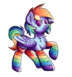 Size: 2377x2551 | Tagged: safe, artist:coco-drillo, derpibooru import, rainbow dash, pegasus, pony, alternate hairstyle, chest fluff, clothes, colourful, cute, ear fluff, floppy ears, folded wings, freckles, kneesocks, rainbow socks, raised hoof, simple background, smiling, socks, stockings, striped socks, thigh highs, transparent background, wings