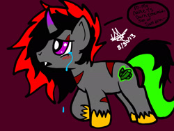 Size: 2048x1536 | Tagged: safe, artist:artmama113, derpibooru import, oc, oc:dark emerald, pony, colt, crying, eye scar, male, offspring, parent:king sombra, parent:oc:yaoilover, parents:canon x oc, raised hoof, scar, signature, simple background, solo, unshorn fetlocks