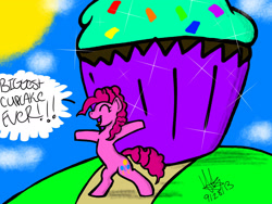 Size: 2048x1536 | Tagged: safe, artist:artmama113, derpibooru import, pinkie pie, earth pony, pony, bipedal, clothes, cloud, cupcake, eyes closed, female, food, mare, open mouth, outdoors, signature, smiling, sun, talking