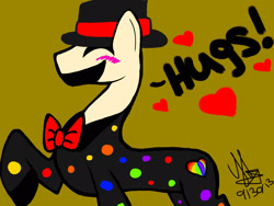 Size: 2048x1536 | Tagged: safe, artist:artmama113, derpibooru import, oc, oc only, earth pony, pony, blushing, bowtie, clown, earth pony oc, eyes closed, hat, heart, male, raised hoof, signature, simple background, stallion, talking