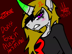 Size: 2048x1536 | Tagged: safe, artist:artmama113, derpibooru import, oc, oc:zane, anthro, unicorn, angry, blushing, bust, clothes, cross-popping veins, gritted teeth, horn, red background, signature, simple background, unicorn oc