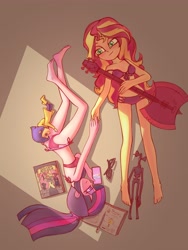 Size: 3000x4000 | Tagged: safe, artist:emerald-light, derpibooru import, sci-twi, sunset shimmer, twilight sparkle, equestria girls, adventure time, ass, bikini, bill cipher, book, butt, cellphone, clothes, coraline, doll, female, glasses off, gravity falls, guitar, holding hands, lesbian, midriff, musical instrument, overhead view, phone, reference, scitwishimmer, shipping, side-tie bikini, siren head, smartphone, sunlight, sunsetsparkle, swimsuit, the owl house, toy, twibutt