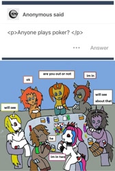 Size: 658x982 | Tagged: safe, artist:ask-luciavampire, derpibooru import, oc, earth pony, pegasus, pony, undead, unicorn, vampire, vampony, 1000 hours in ms paint, ask, ask-ponys-gamer-club, poker, tumblr