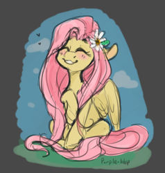 Size: 578x606 | Tagged: safe, artist:purple-blep, derpibooru import, fluttershy, pegasus, pony, cute, eyes closed, female, flower, flower in hair, heart, mare, shyabetes, sitting, smiling, solo