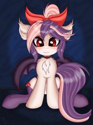 Size: 3475x4634 | Tagged: safe, artist:sethisto, derpibooru import, oc, oc only, oc:sweet velvet, bat pony, pony, bow, chest fluff, choker, clothes, cute, disgruntled, female, looking at you, mare, red eyes, sitting, socks