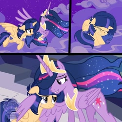 Size: 1080x1080 | Tagged: safe, artist:moonrise-sparkle-293, derpibooru import, princess twilight 2.0, twilight sparkle, twilight sparkle (alicorn), oc, oc:moonrise sparkle, alicorn, pony, princess twilight sparkle (episode), the last problem, crying, fanart, female, hug, mother and child, mother and daughter, offspring, older, older twilight, parent and child, parent:flash sentry, parent:twilight sparkle, parents:flashlight, photo, winghug