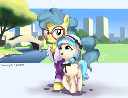Size: 921x702 | Tagged: safe, artist:vinilyart, derpibooru import, charity kindheart, coco pommel, earth pony, pony, duo, female, filly, glasses, hat, looking at each other, mare, smiling