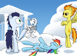 Size: 1486x1080 | Tagged: safe, artist:soks777, derpibooru import, lord tirek, rainbow dash, soarin', spitfire, pegasus, pony, cloud, cloudsdale, female, male, shipping, soarindash, statue, straight